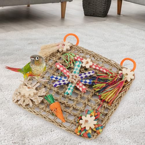 Hypeety Bird Toys Parrot Foraging Toys Bird Chew Toys Parakeet Shredding Seagrass Climbing Mat with Various Toys for Conure, Cockatiel, Lovebird, Parakeet, Budgie (L(Carrot)) - color: L(Carrot)