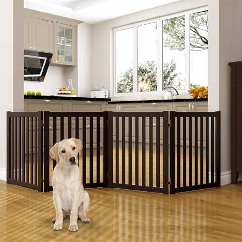 WELLAND Freestanding Pet Gate 4 Panel Wooden Step Over Dog Gate - color: Espresso, size: 4 Panel 80" Wide