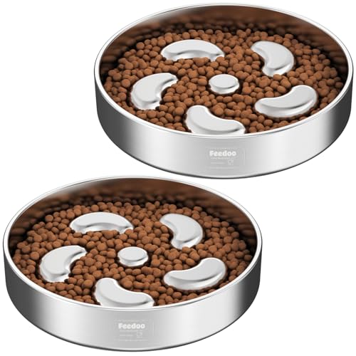 Feedoo Slow Feeder Dog Bowl-2Cups for Medium Breeds, Double-Layer Stainless Steel, Heavy-Duty with Non-Slip Rubber Base, Puzzle Maze Bowl to Slow Down Eating [2Pack] - color: Spiral-2Pack, size: M 2~2.5Cups