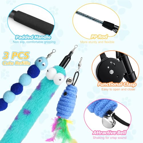 Pawaboo Cat Teaser Wand Toys, Cat Fishing Pole Toy with 3 PCS Feathers - color: Plush-Blue