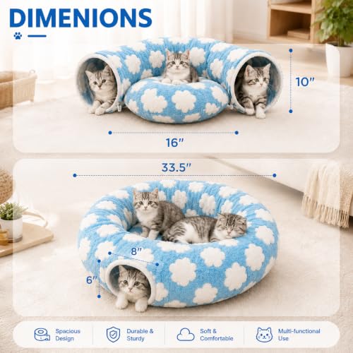 Cat Tunnel Bed with Washable Cushion for Indoor Cat, Donut Cave Tube Toys for Kitten Puppy Rabbit, Blue - color: Blue