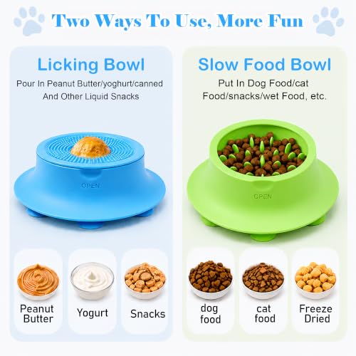 Slow Feeder Dog Bowl Lick Mat with Rolling Ball for Dog & Cat, Silicone - color: Blue+Green