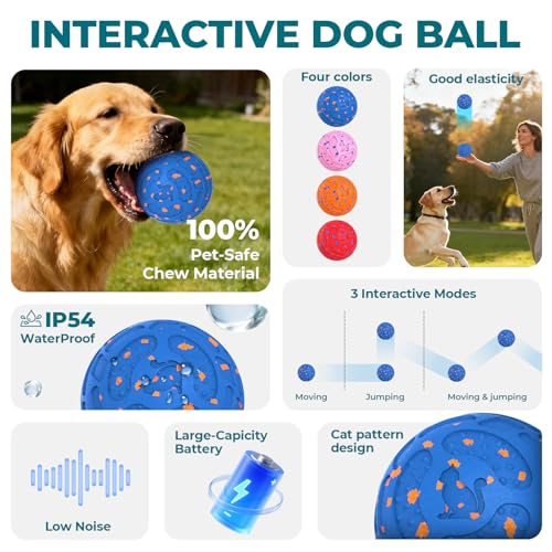 Roinoim Automatic Interactive Dog Ball Toy, Motion Activated Durable Rope Dog Chew Toy, USB Rechargeable Pet Exercise Ball for High Energy Dogs, Indoor Outdoor Playing, Blue