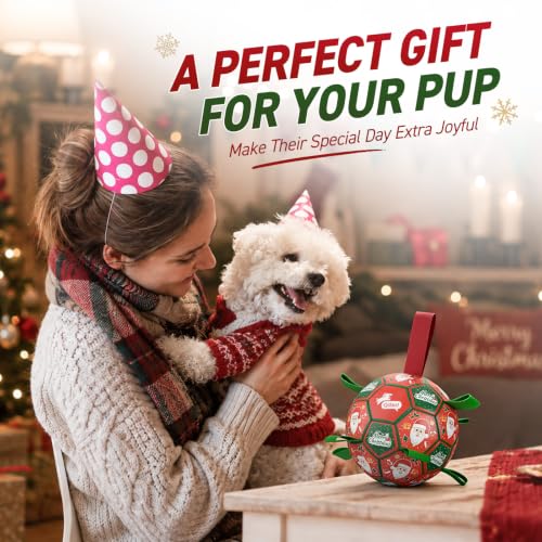 QDAN Christmas Dog Balls with Straps, Soccer Ball for Dogs for Small Medium Pet, Interactive Rope Toys, Puppy Birthday Gifts (6 Inch) - color: Christmas 1, size: Medium Size 2 (6 Inch)