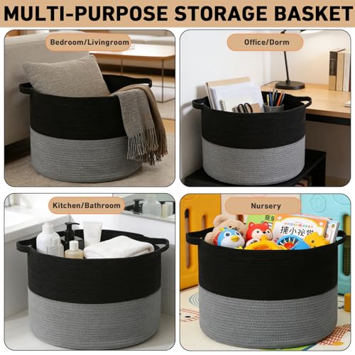 115L Large Blanket Basket,Woven Rope Laundry Basket-Black&Dark Grey - color: Black&Dark Grey, size: 23.6"L x 23.6"W x 15.7"H(115L)