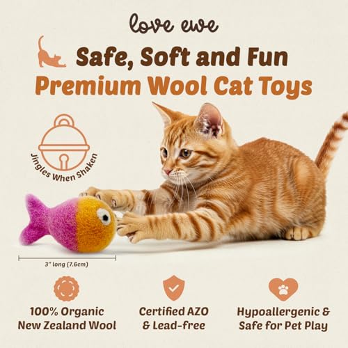 Love Ewe Wool Cat Toys 3 Pack, 3in Fish with Bell & 2in Ball - color: Fish & ball