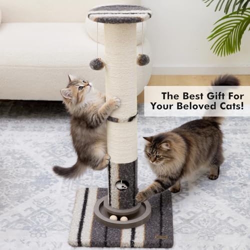 Woochpet Cat Scratching Post 34"Tall Grey Sisal Scratcher Tree With Cat Toy - color: Grey
