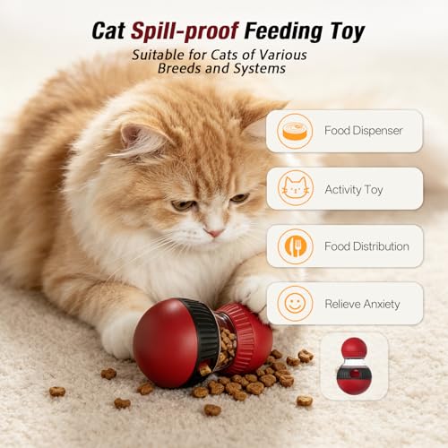 Cat Treat Dispensing Toy Kitten Puzzle Feeder & Food Dispenser Ball - Cat Enrichment Toys for Indoor Cats Kitty Stimulating Tous - Red