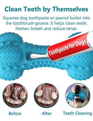 SCHITEC Squeaky Dog Chew Toy, Tough Durable Natural Rubber Bone with Toothbrush, Indestructible for Aggressive Chewers Large Medium Breed Teeth Cleaning - color: Blue