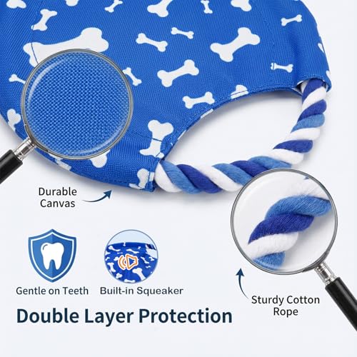 Dog Rope Flying Disc Toy with Squeaker | Durable Canvas Center & Braided Cotton Rope Ring | 2-in-1 Fetch & Tug Interactive Toy for Small & Medium Dogs | 8.8 Inch