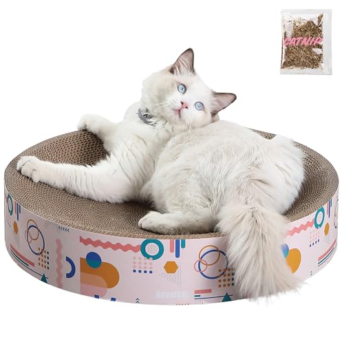 CSR1010A Nelson 20.13" Modern Cardboard Round Bowl Cat Scratcher with Catnip, Light Pink/Multi - color: Light Pink/Multi
