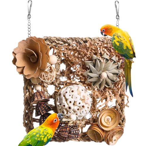 Bird Foraging Wall Toy, Seagrass Woven Climbing Hammock Mat with Chewing Toys,Parrot Shredding Hanging Toys for Cockatiel Lovebird Parakeet Budgie Small-Medium Birds (Small)