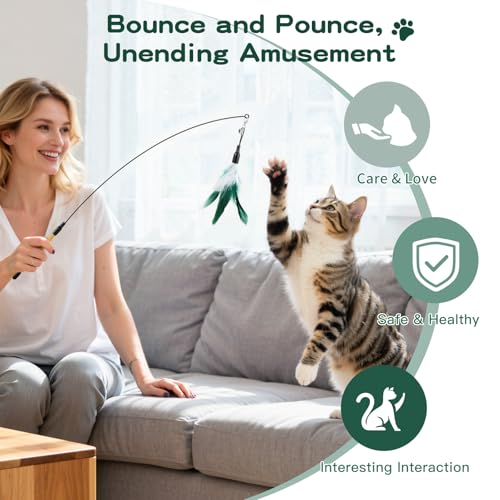 Pawaboo Cat Feather Wand Interactive Toy, 2 Feathers + 1 Wand with Bell - color: White & Green