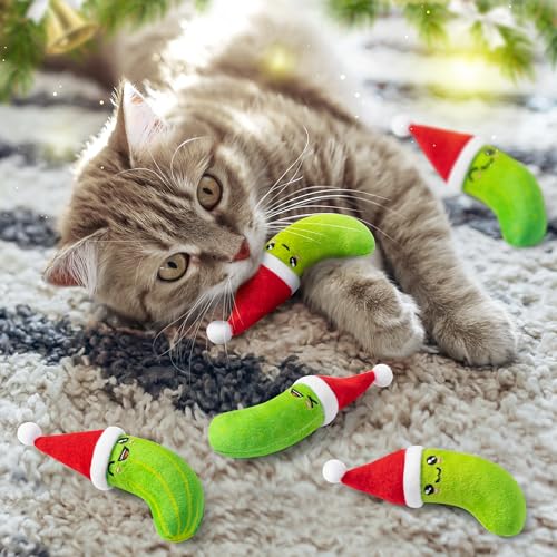 MALLMALL6 Catnip Toys for Cat - 5Pcs Christmas Pickle Catmint Interactive Cat Toy for Indoor Cats, Soft Santa Hat Kitten Supplies, Kitten Teething Chew Toy Set, Pet Xmas Gifts for Kitty Lover - style: Christmas Pickle