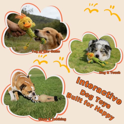 Duck Rope Dog Toy, Plush Lion Squeaky Dog Toy, 2 Pack - color: Yellow & Coffee