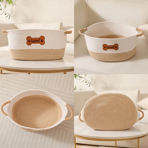 Dog Toy Basket, Dog Toy Box Organizer Baskets, Woven Cotton Rope Pet Puppy Dogs Toy Bin With Handle, Chew Toys Blankets Leashes Storage Baskets for All Pets - Puppies to Large 14" L x 10.2" W x H 7.9" - color: Yellow Woof