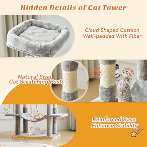 DUMOS Large 66 Inch Cat Tree Tower with Scratching Posts, Indoor Use - color: Light Grey, size: 66 Inch