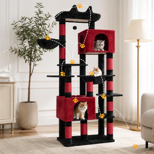 Heybly Cat Tree, 76-Inch Tall Heavy Duty Cat Tower for Big Cats HCT039BR - color: Black and Red, size: 76.8 inch