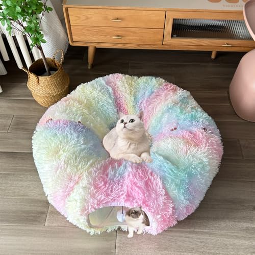Cat Bed Tunnel Tube Toy Rainbow Plush - color: Colorful Plush
