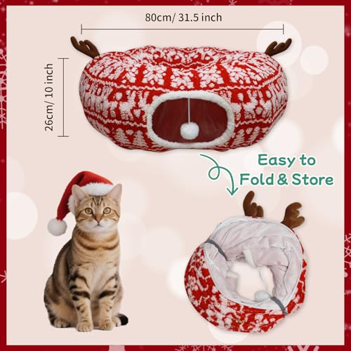 Cat Tunnel Christmas Tree Skirt, Multifunctional Christmas Tree Protector Washable Indoor Cat Donut Cave Bed with Interactive Toys Kitty Hideout Tubes for Small Animal,32"×10", (Plush, Reindeer) - color: Plush, Reindeer