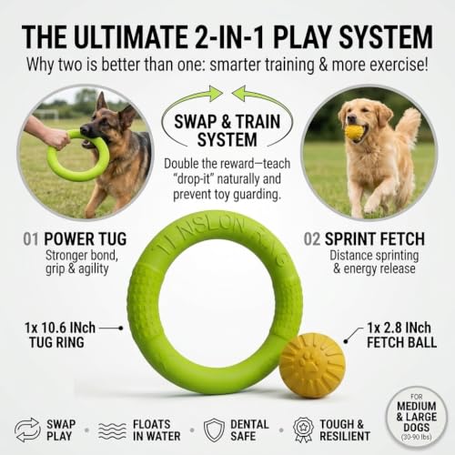 Large Dog Toy Ring and Ball Combo Set, Floating EVA 2 Pack (Green, Large) - color: Green, size: Large