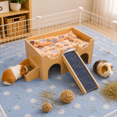 Guinea Pig Wooden Hideout with Built-in Feeder, Screw-Assembled Natural Wood Castle with Absorbent Fleece Mat, Ramp & Accessories, Cozy Safe Hideaway for Small Pets to Rest, Play & Explore