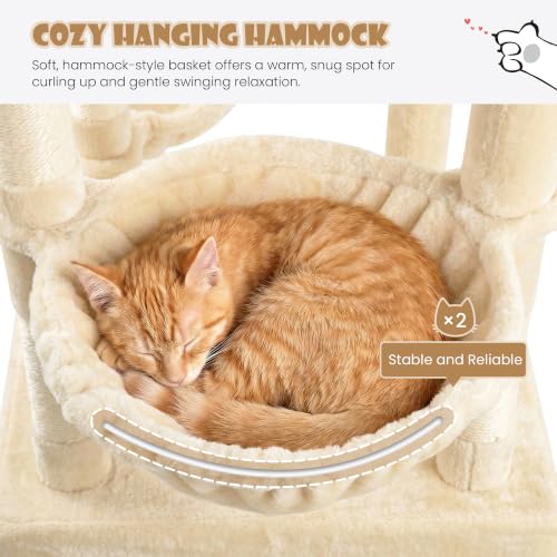 SHA CERLIN 87 in Multi-Level Tall Cat Tree Tower for Large Cats/Extra Wide Feline Activity Center/Sisal Scratching Posts/Wide Base/Cozy Plush Perches/Baskets/Hammocks/Toy Balls/Beige - color: Beige