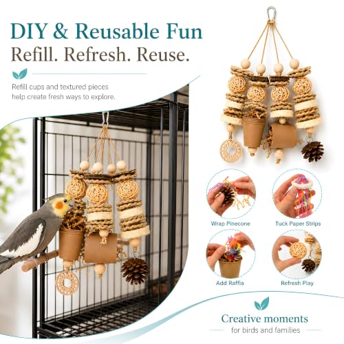 Parakeet Foraging Toy with Loofah & Pine Cone, Bird Chew Toy