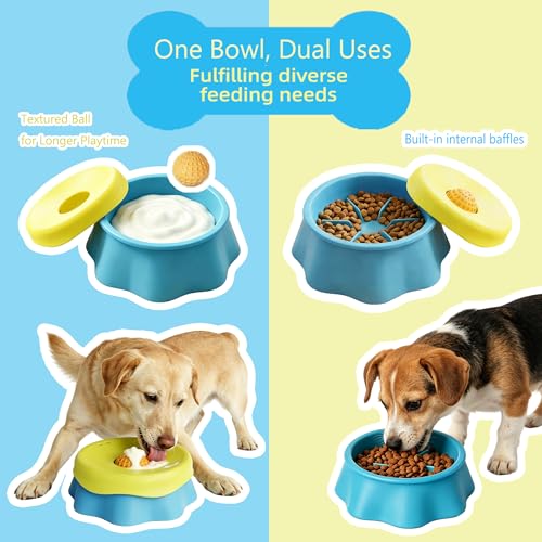 Slow Feeder Dog Bowl Lick Toy with Rolling Ball for Liquid & Dry Food