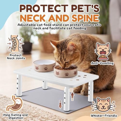 Dreyoo 2 Set Adjustable Cat Food Stand, White,Gray Mat - color: White