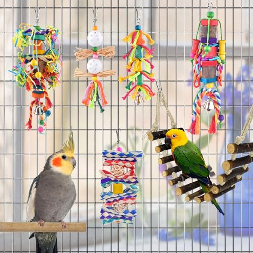 KATUMO Bird Toys, Parakeet Swing Parrot Ladder Cockatiel Perch Conure Hanging Bell Toys for Parakeet Conure Cockatiel Mynah Love Bird Small Birds - style: Burlywood ladder set (7 IN 1)