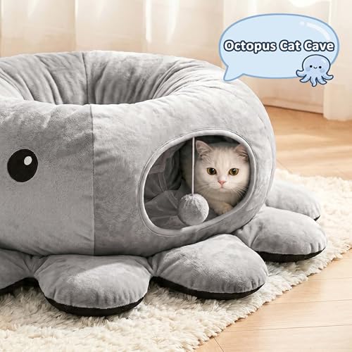 Cat Tunnel Bed for Indoor Cats, Peekaboo Cat Cave Bed, Grey - color: Grey