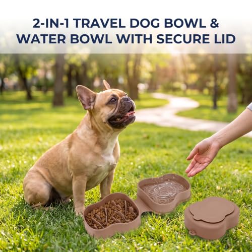 Collapsible Dog Travel Bowl with Lid, Slow Feeder (Khaki) - color: khaki