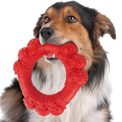 Indestructible Dog Chew Toys for Aggressive Chewers, Super Chewer Toys for Medium Large Dogs, Interactive Ring Toy, Heavy Duty Teething Toys - color: Red