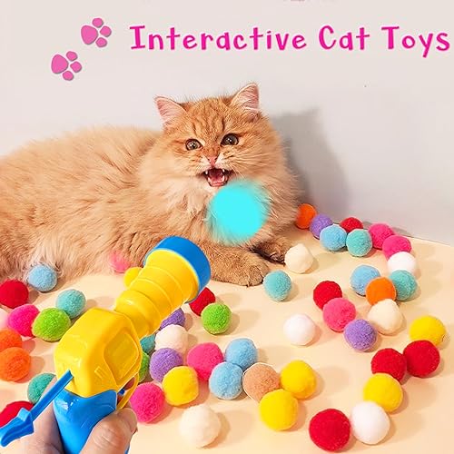 2 Cat Toy Launchers & 100 Cat Pom Pom Balls,Interactive Cat Toys - color: Colorful