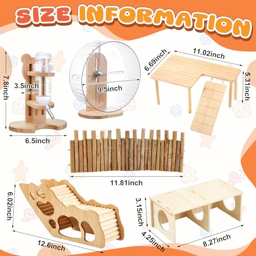 6 Pcs Hamster Toys Set, Maze Wood House, Climbing Ladder Wooden Bridge Tunnel Toy Platform Silent Exercise Running Wheels and Water Bottle Set for Rat Guinea Pig Habitat Cage(Basic) - style: Minimalist