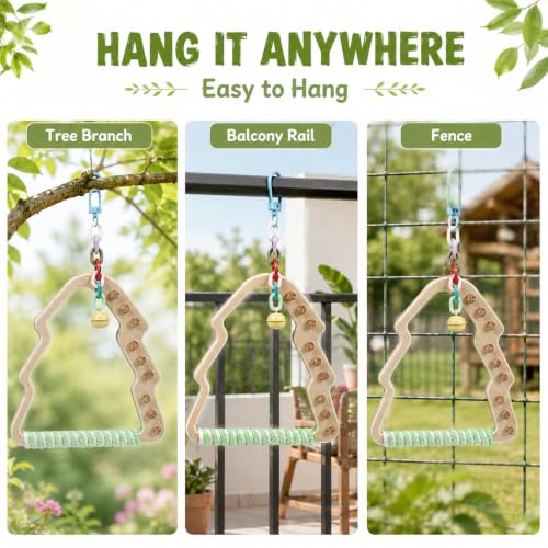Wooden Parrot Swing Toy, Christmas Tree Shape Bird Perch with Cork Nibbles, Bell, for Budgies, Cockatiels, Conures