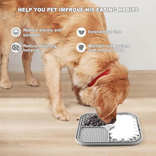 2 PCS Licking Mat for Dogs & Cats with Suction Cups, Dog Slow Feeder Lick Pat for Anxiety Relief, Dog Toys Feeding Mat for Butter Yogurt Peanut, Pets Bathing Grooming Training Mat (7.9''*7.9'') - color: Grey&Beige Square