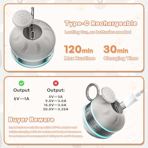 Speedy 2.0 Tail Interactive Cat Toys for Bored Indoor Adult Cats with 3 Tails,Automatic Cat Toy Ball Self Moving Chirping,Smart Kitten Rechargeable Cat Balls for Enrichment Exercise Essentials (Grey) - color: Grey