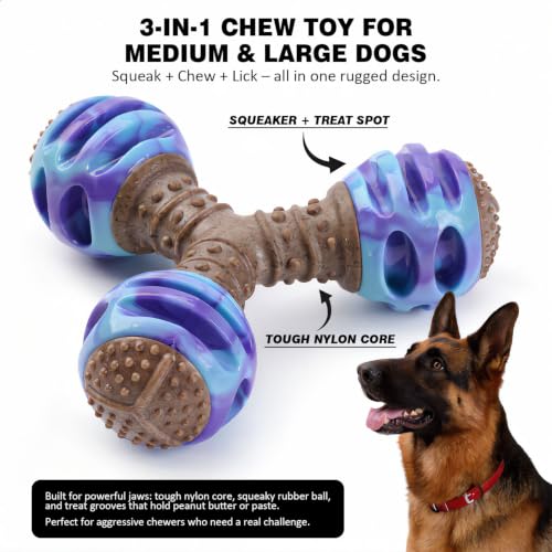 MECOOL Durable Dog Chew Toys for Medium Dogs - Squeaky Rubber Balls with Nylon Reinforcement, Interactive Lick & Chew Toy for Aggressive Chewers, Pet Teething Toy Blue,Bacon Flavored - color: Blue