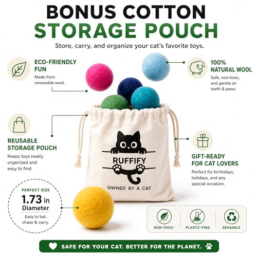 Cat Felt Balls 6 Pack, Wool Toy Balls for Indoor Cats, No Catnip