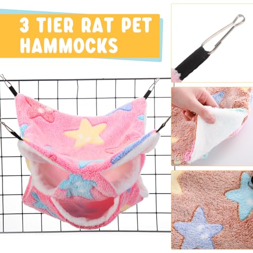 Sweetude 6 Pcs Rat Hammock Set Ferret Hanging Tunnel 3 Tier Guinea Pig Hammocks Hideout Soft Chinchilla Bed for Cage Accessories Hide,Play and Sleep(Dreamy,Star) - color: Dreamy