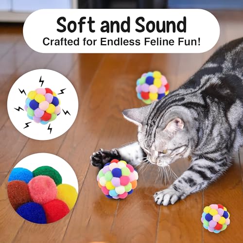Vila 3 Soft Plush Fuzzy Balls with Bells Cat Toy, Enrichment, Multicolor
