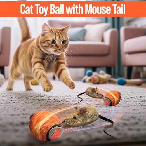 Interactive Cat Toy for Indoor Cats & Kittens – GlobalSun Speedy Tail 2.0 Motion Activated Automatic Cat Toy Ball – USB Rechargeable Moving Ball with 4 Tails Including Mouse for Enrichment