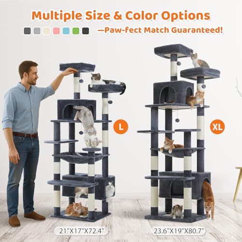 PAWZ Road 72" Cat Tree, Tall Cat Tower with Hammock& Condos for Large Cats - color: Dark Gray, size: 72"