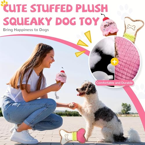 Puppy Chew Toys Set (7-Pack) for Small Dogs – Teething Toys with Squeaky Plush, Rubber Bone, Rope Tug & Ring | Cute Pink Puppy Gift Set with Storage Basket | Washable, BPA-Free, Non-Toxic