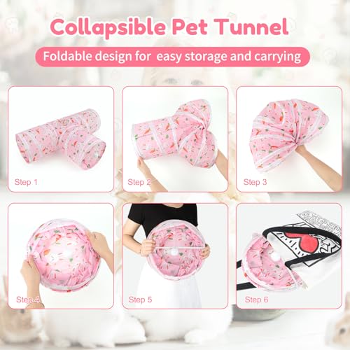 BWOGUE Bunny Tunnels & Tubes, 3-Way Collapsible Rabbit Hideout for Bunnies - color: Pink