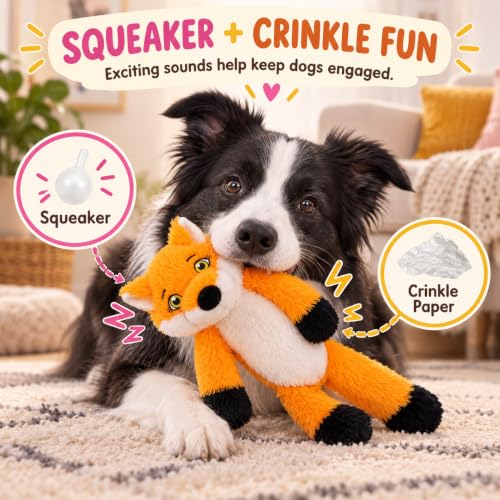3Pack No Stuffing Dog Squeaky Toys, Plush with Crinkle for Medium Small Pet - style: Cow&Fox&Donkey