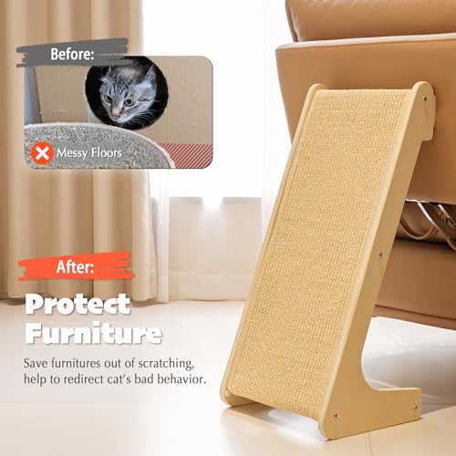 PETKARAY L Shape Cat Scratcher, Sisal Kitty Scratching Ramp, Vertical Scratch Pad for Indoor Cats, 25.2" Furniture Protector with Catnip, Classic - color: Classic