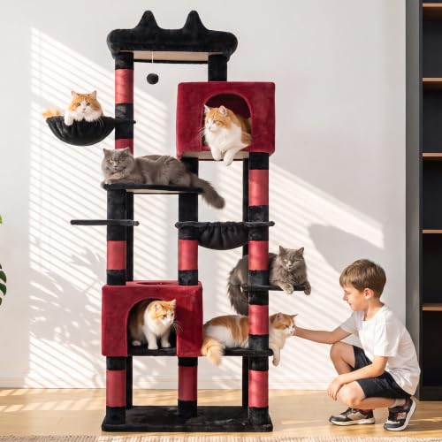 Heybly Cat Tree, 76-Inch Tall Heavy Duty Cat Tower for Big Cats HCT039BR - color: Black and Red, size: 76.8 inch